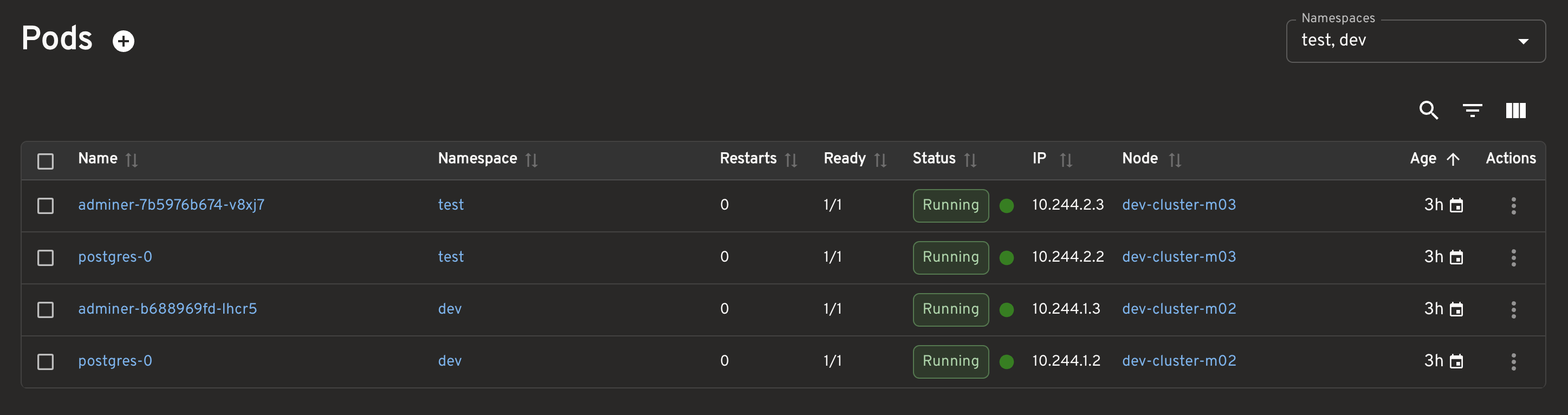 Headlamp pod list showing dev and test workloads on separate nodes