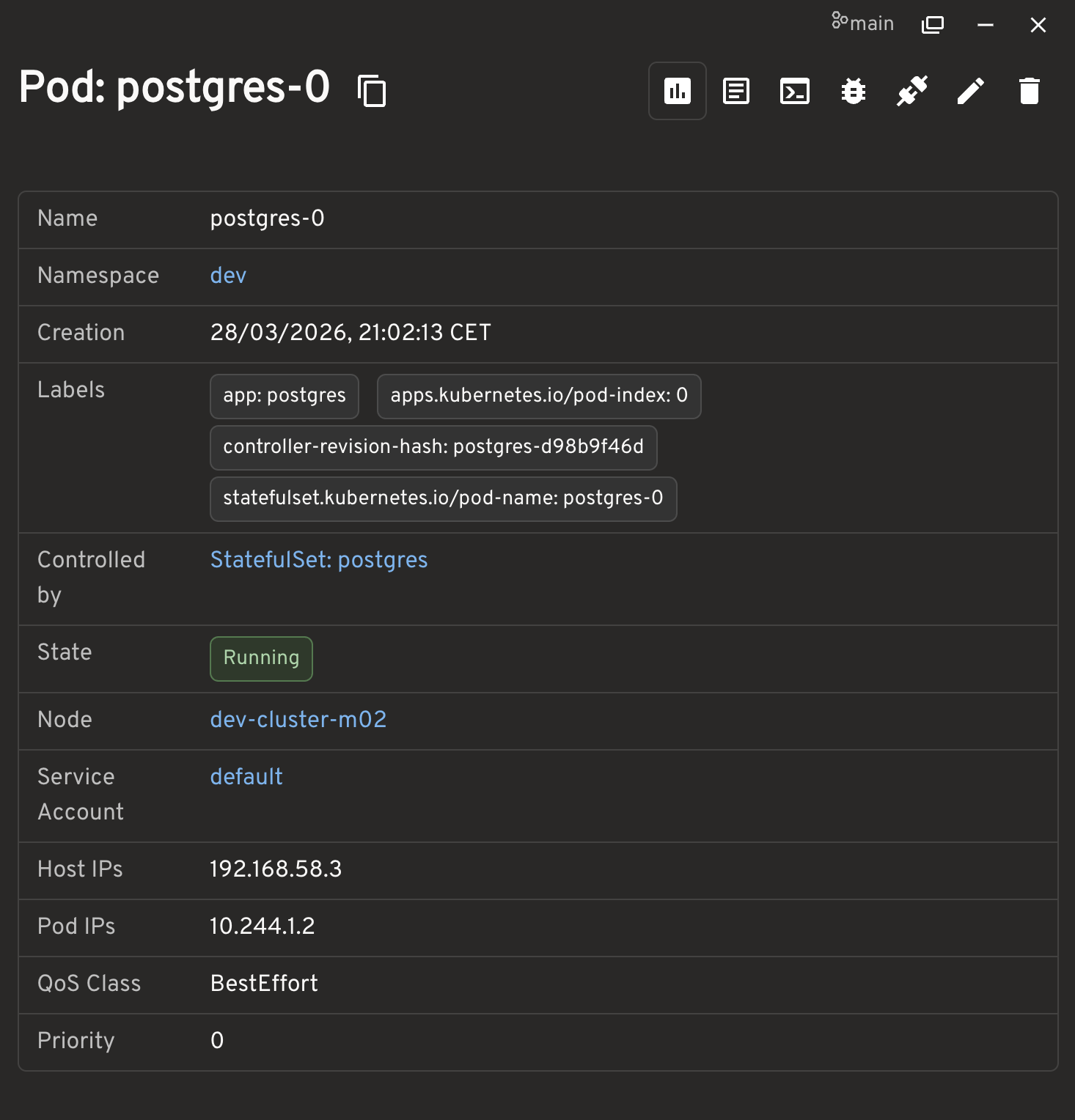 Headlamp detail screen for the postgres-0 Pod