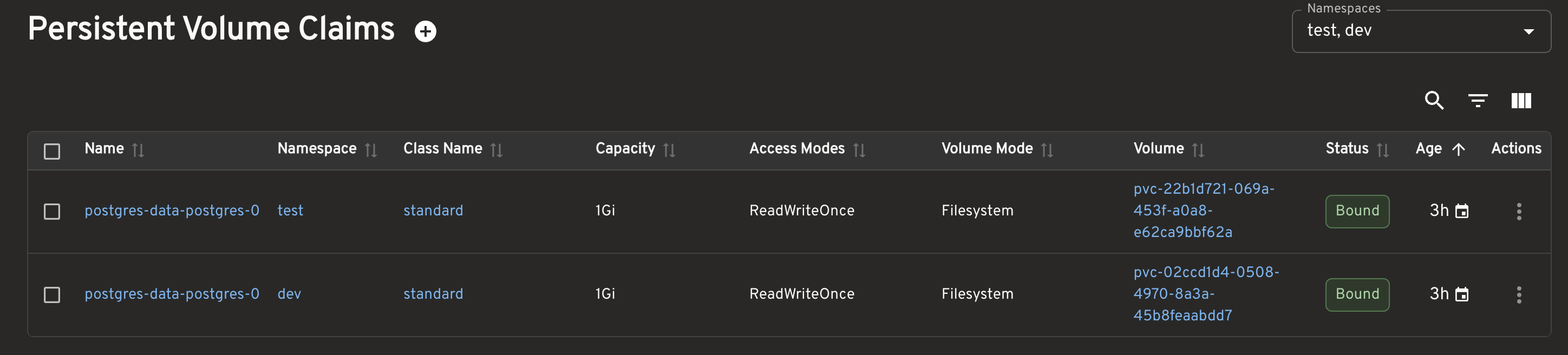 Headlamp PVC list showing bound claims in dev and test namespaces
